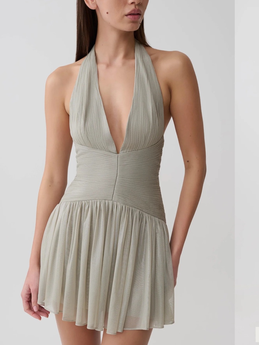 Meshki Silver-Grey Halter Pleated Mini Dress